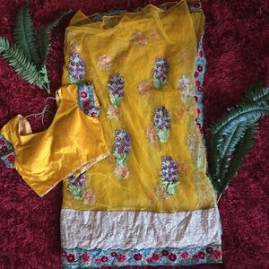 New Floral & Peacock Organza, Satin, & Velvet Saree With Heavy Embroidery & Top